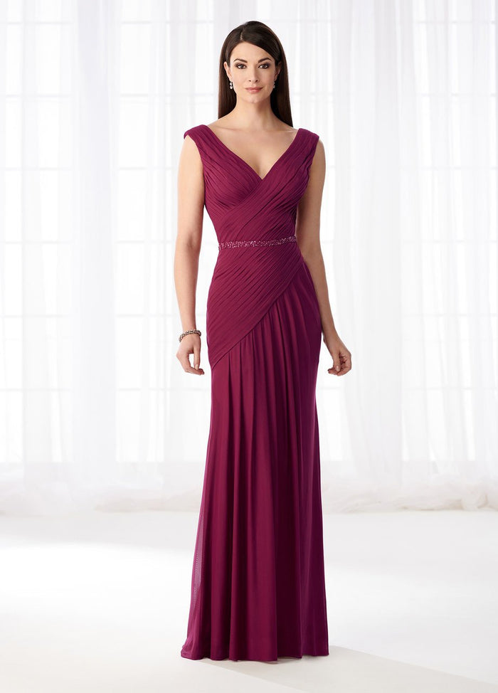 Mon Cheri - Stretch Mesh Pleated V-Neckline Formal Gown 218603 - 1 pc Raspberry In Size 4 Available CCSALE 18 / Raspberry