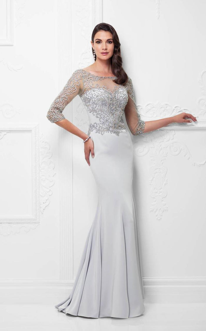 Montage by Mon Cheri - 117910 Quarter Sleeve Beaded Illusion Gown - 1 pc Ice Gray in Size 12 Available CCSALE 14 / Ice Gray