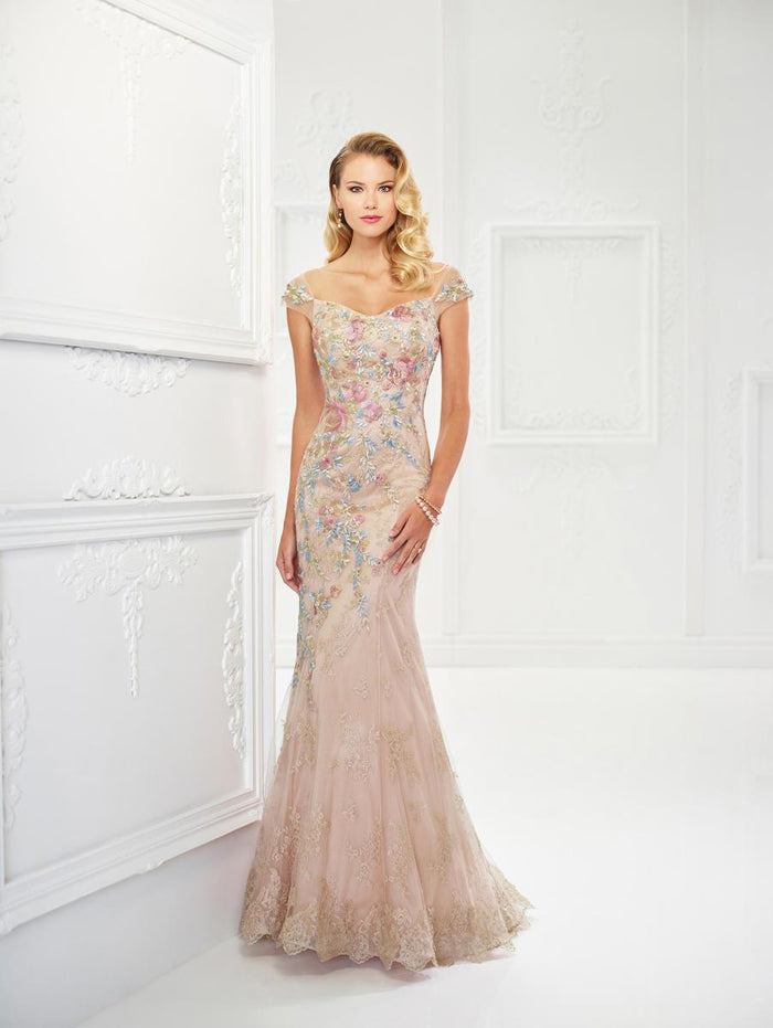 Montage by Mon Cheri - 118966 Floral Embroidered Lace and Tulle Gown Evening Dresses 4 / Champagne/Multi