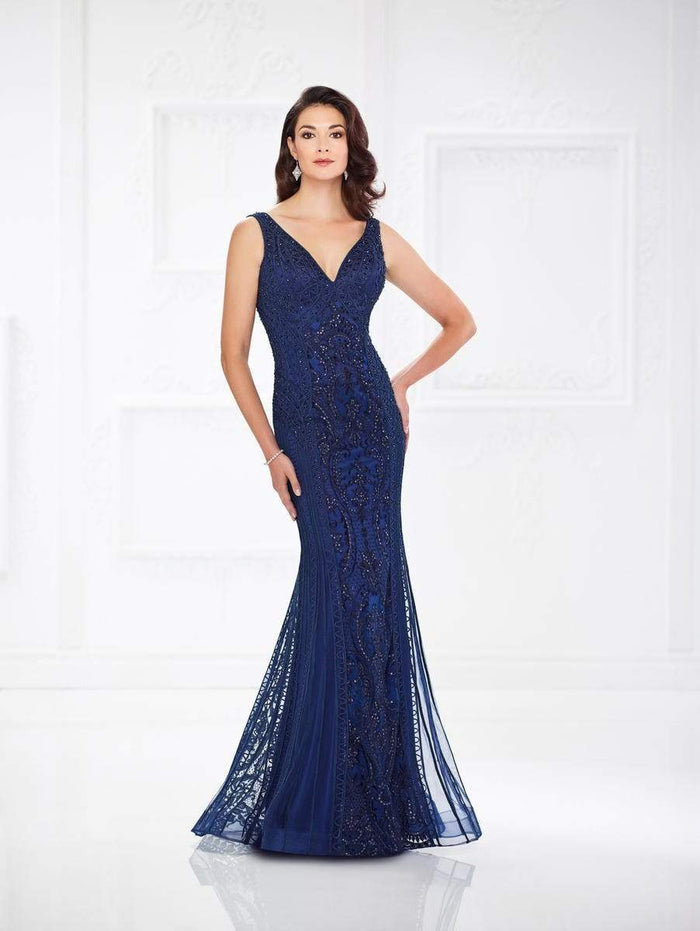 Montage by Mon Cheri - 118975W Beaded V-neck Trumpet Dress Special Occasion Dress 16W / Navy