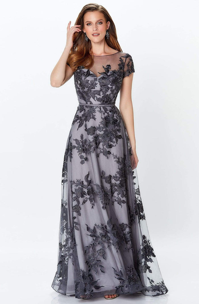 Montage by Mon Cheri - 119945 Embroidered Floral A-Line Gown Evening Dresses 0 / Charcoal/Gray