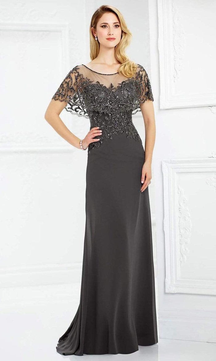 Montage by Mon Cheri - 217947 Sheer Embellished Capelet Bateau Gown Evening Dresses 4 / Dark Gray