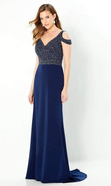 champagne evening dress Ladivine C161 Embellished Evening Gown with Leg Slit Champagne / 16