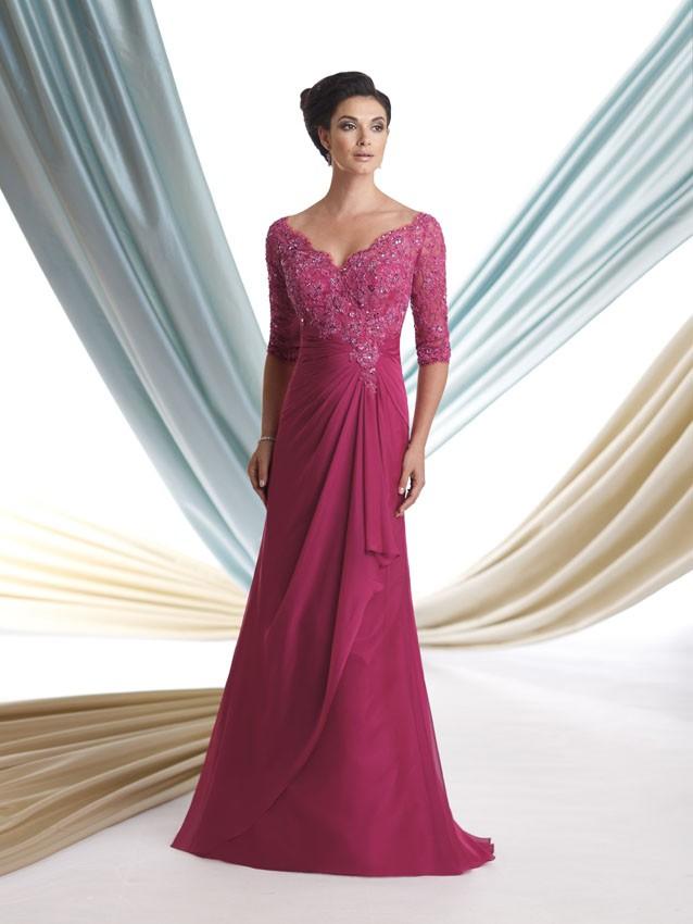 Montage by Mon Cheri Beaded Embroidered Lace Mock-Wrap Chiffon Gown CCSALE 26W / Fuchsia