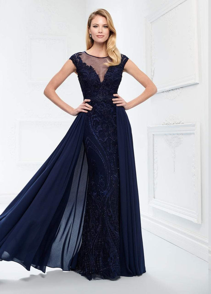 Montage by Mon Cheri - Embroidered Lace Chiffon Overskirt Gown 218914 - 1 pc Navy In Size 10 Available CCSALE 10 / Navy