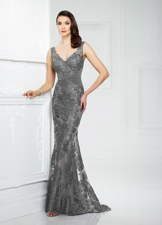 Montage by Mon Cheri - Embroidered Ruched Sheath Gown 217942 - 1 pc Smoke in Size 8 Available CCSALE 8 / Smoke