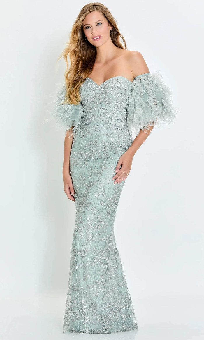 Montage by Mon Cheri M525 - Detachable Feathered Sleeve Strapless Evening Dress Prom Dresses 4 / Light Sage