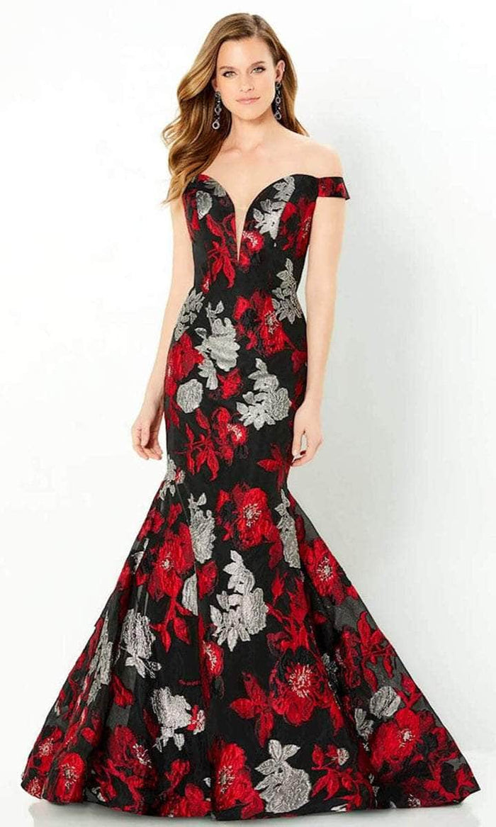 Montage by Mon Cheri - Ruffled Sleeve Floral Evening Gown 220952 - 1 pc Red/Silver/Black in Size 14 Available CCSALE 14 / Red/Silver/Black