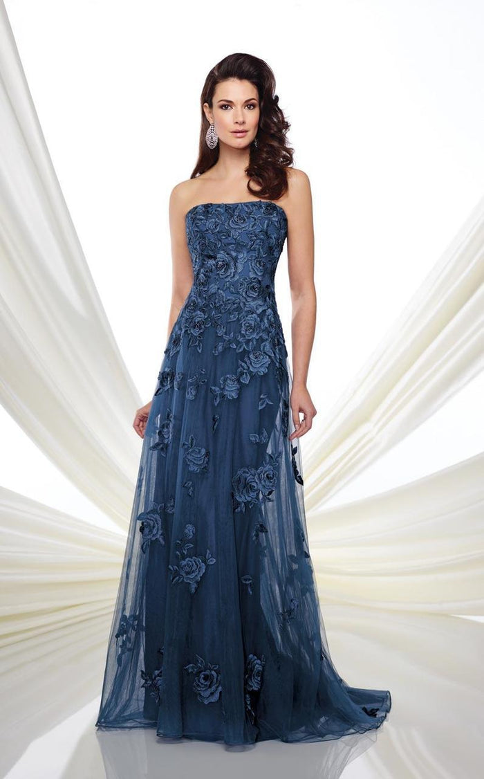 Montage by Mon Cheri Strapless Floral Embroidered A-Line Gown CCSALE 16W / Navy