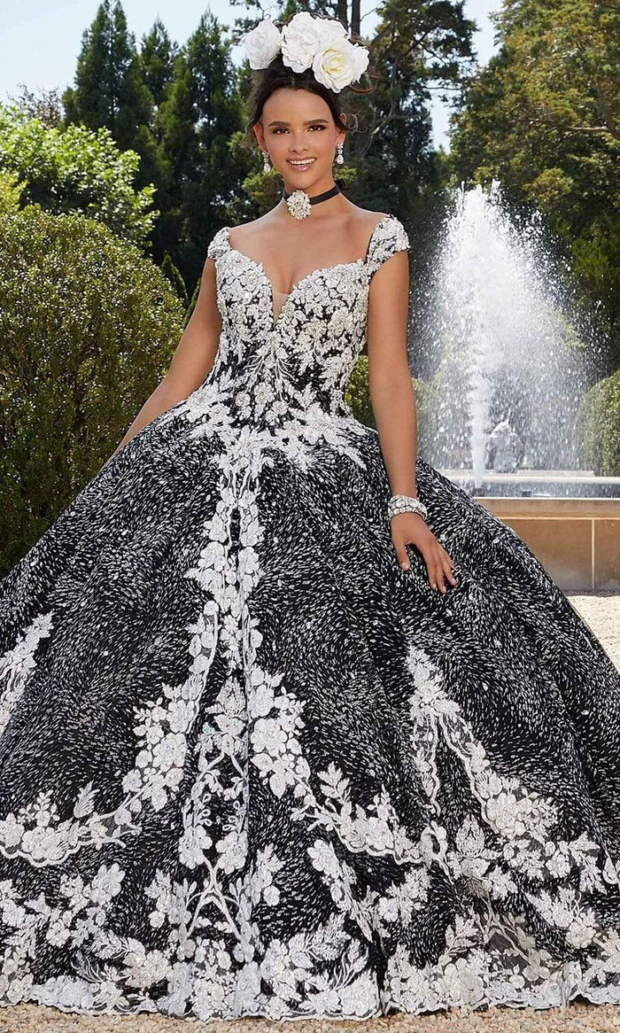 Mori Lee - 34042 Plunging Floral Embroidered Ballgown Special Occasion Dress 00 / Black/Silver