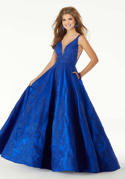 sachin and babi light blue dress Cobalt Blue Shiny Satin Plunging V Neck Prom Dress main image 1