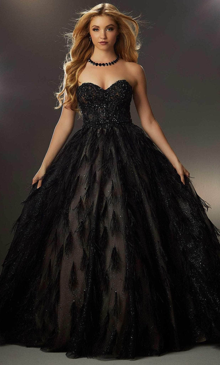 Mori Lee 48001 - Fringe Feathered Ballgown Ball Gowns 00 / Black/Nude