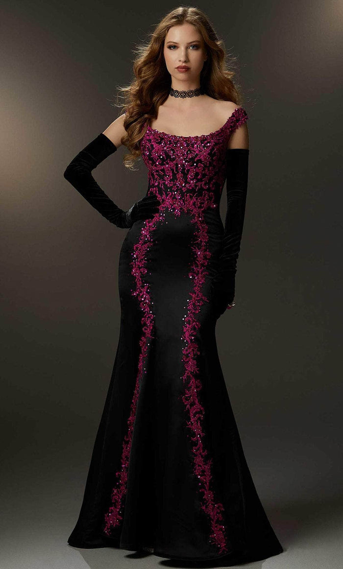 Mori Lee 48012 - Embroidered Off-Shoulder Evening Gown Evening Dresses 00 / Black Fuchsia