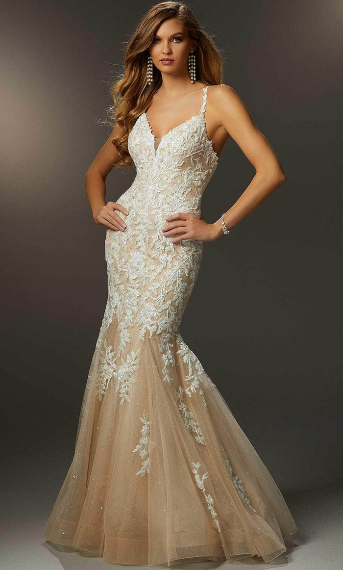 Mori Lee 48046 - Embroidered Floral Mermaid Gown Prom Dresses 00 / Ivory/Nude