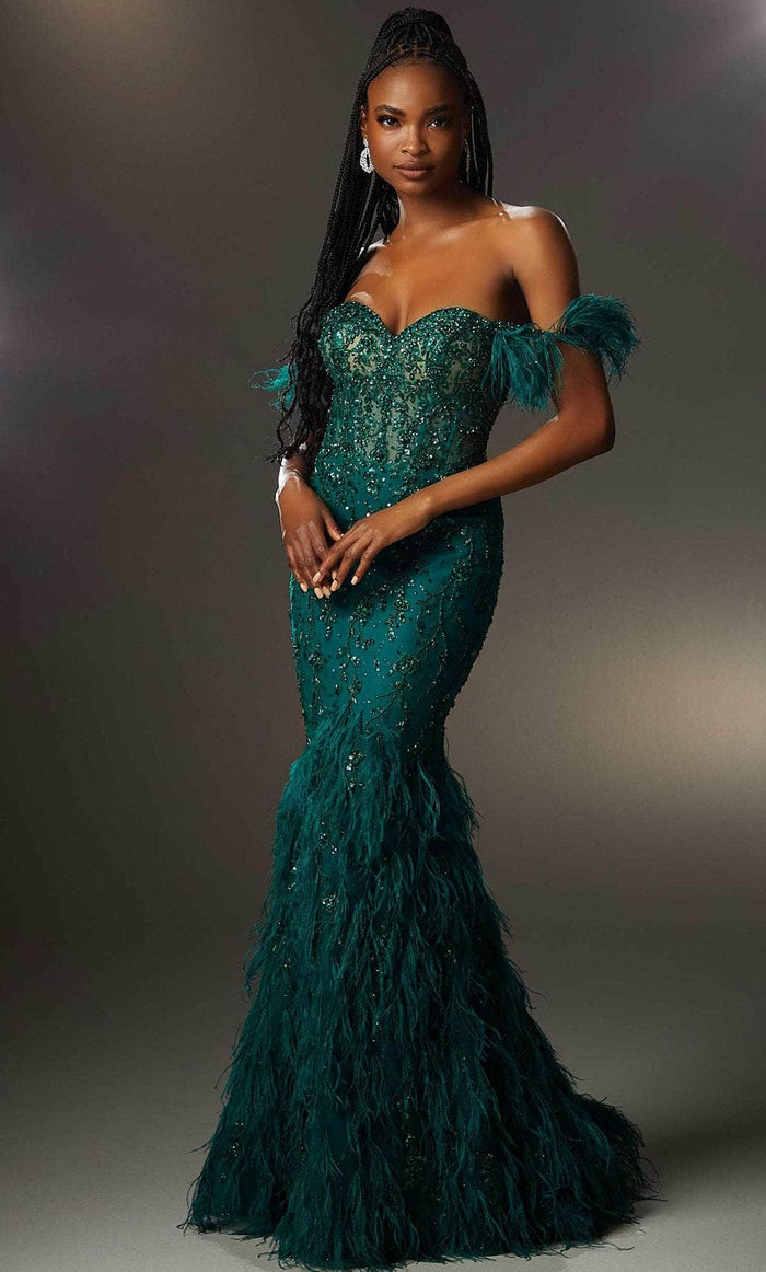 Mori Lee 48067 - Feather-Embellished Evening Gown Evening Dresses 00 / Emerald