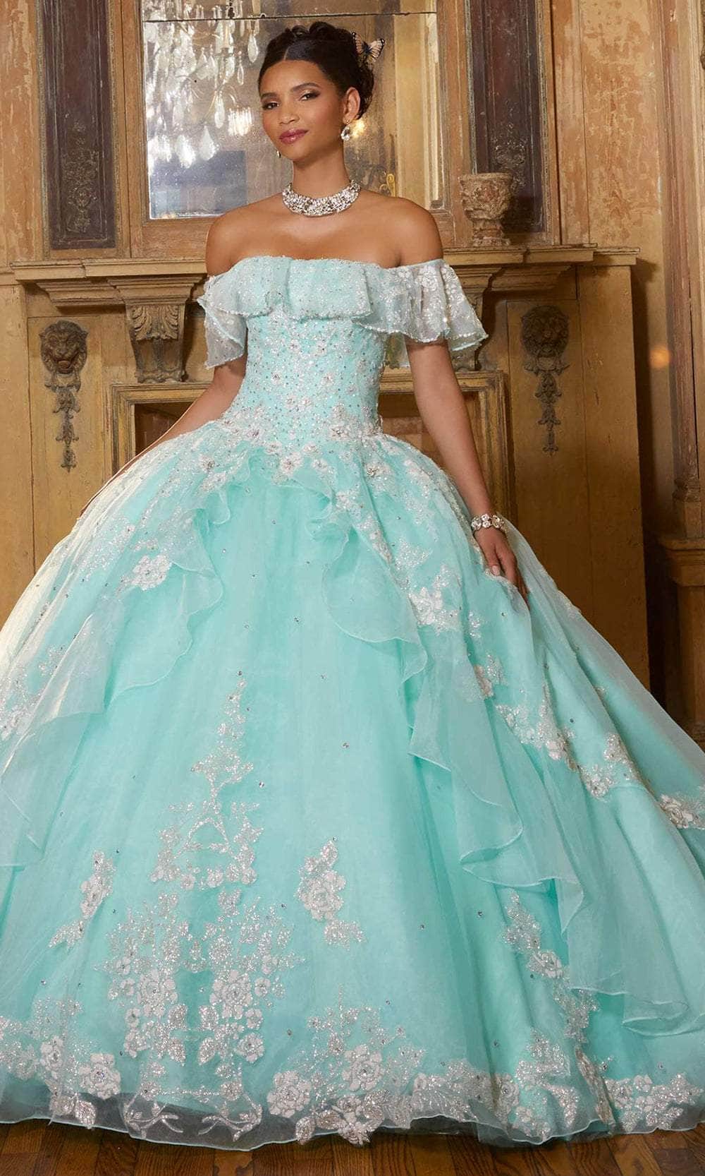 Turquoise Lace Applique Ball Gown Long Ball Gowns Quinceanera