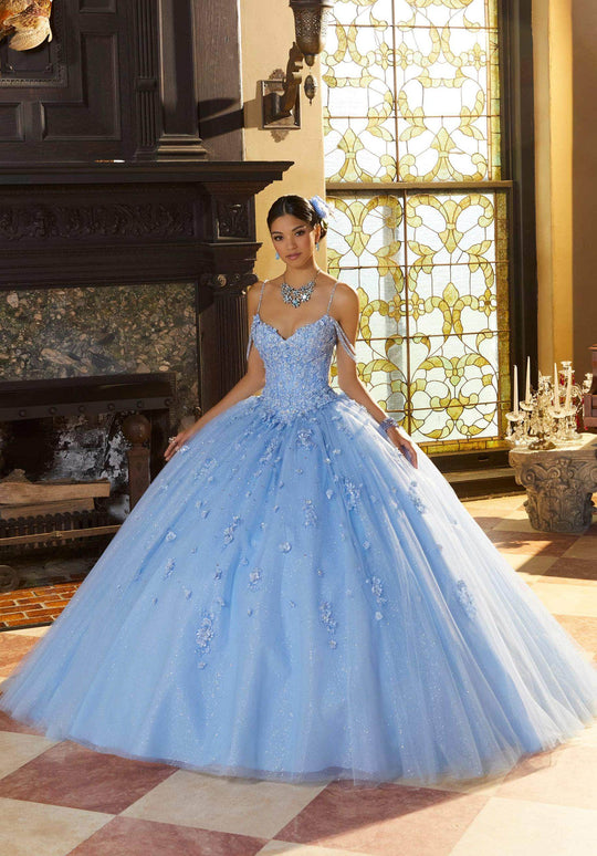 Mori Lee 60155 - Thin Strapped Floral Appliqued Ballgown
