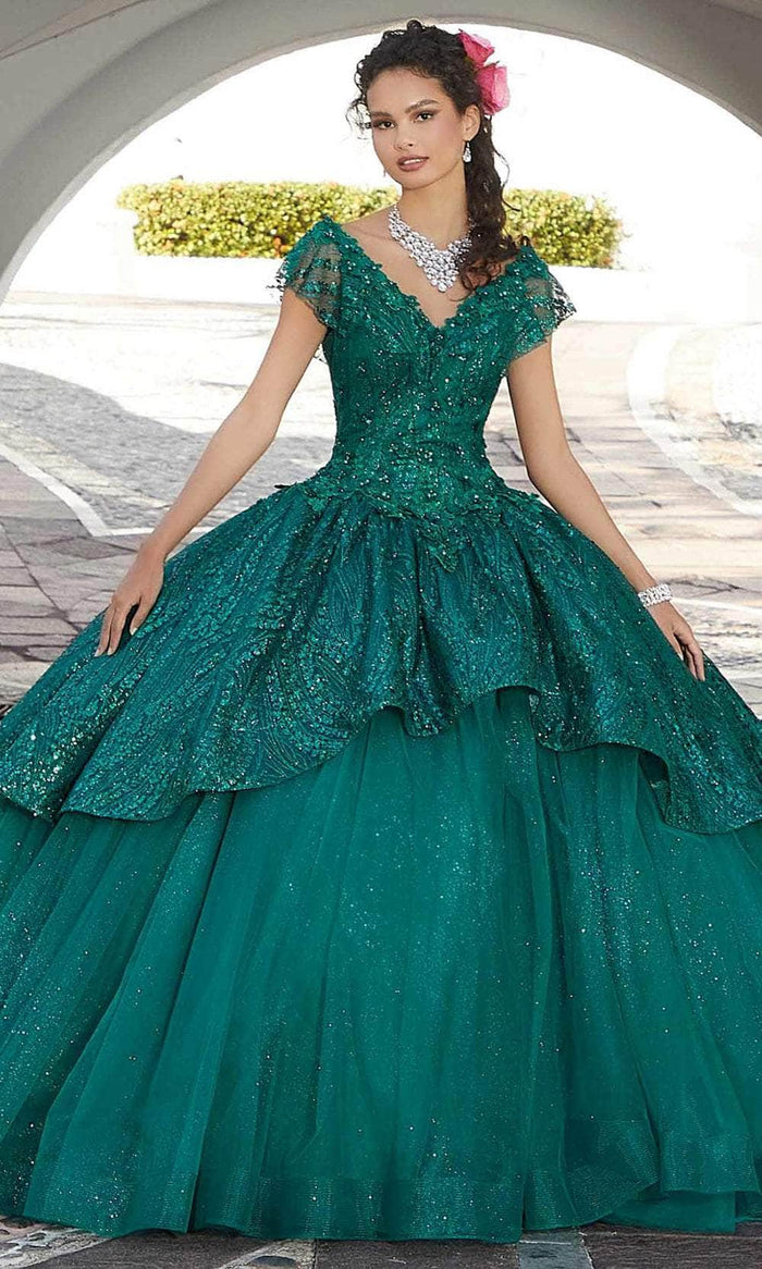 Mori Lee 60162 - V Neck Embellished Quinceanera Gown Prom Dresses 00 / Emerald