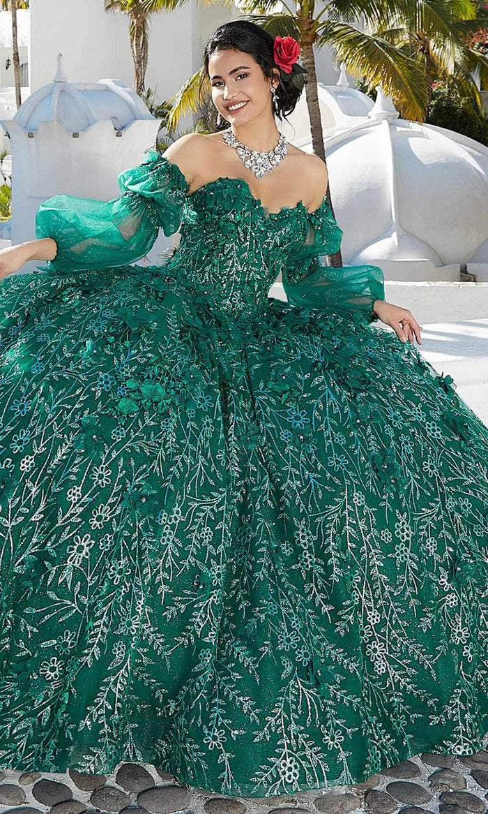 Mori Lee 89353 - 3D Floral Glittery Ballgown Ball Gowns 00 / Emerald