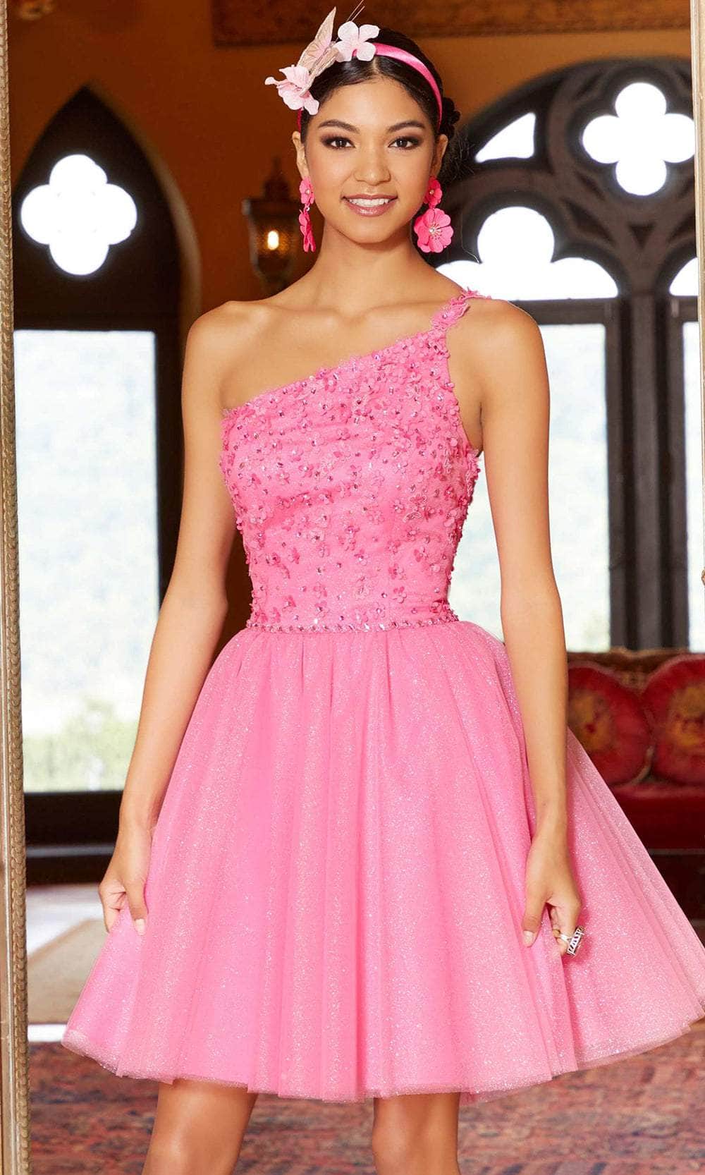 Mori Lee 9584 - Floral Single Strap Mini A-Line Dress – Couture Candy