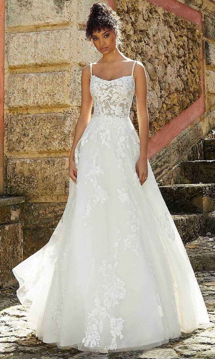 Mori Lee Bridal 2474 - Lace Embroidered Scoop Neck Wedding Dress Wedding Dresses 00 / Ivory/Porcelain