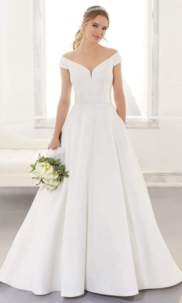 Mori Lee Bridal - 5865 Ainsley V-Neck Off Shoulder Satin Wedding Gown Wedding Dresses 0 / Ivory