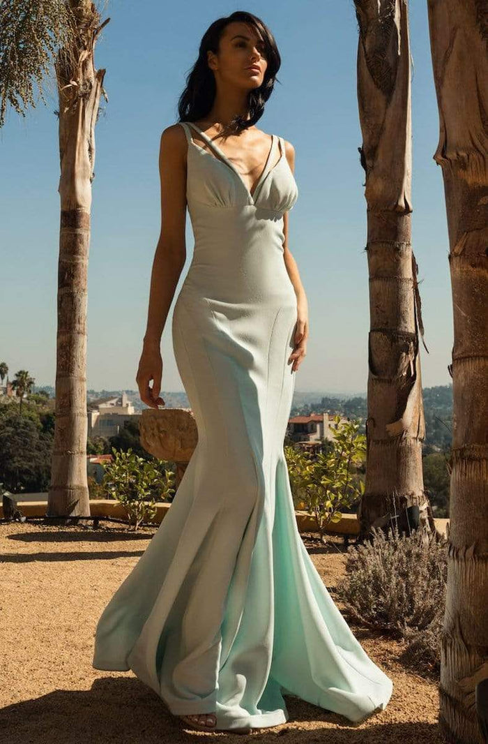 Nicole Bakti - 571 Plunging V-neck Mermaid Dress Evening Dresses 0 / Light Blue