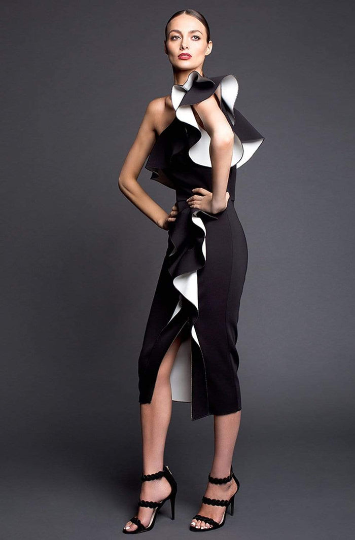 Nicole Bakti - 652 Ruffled Asymmetrical Dress with Slit Party Dresses 0 / Black/White