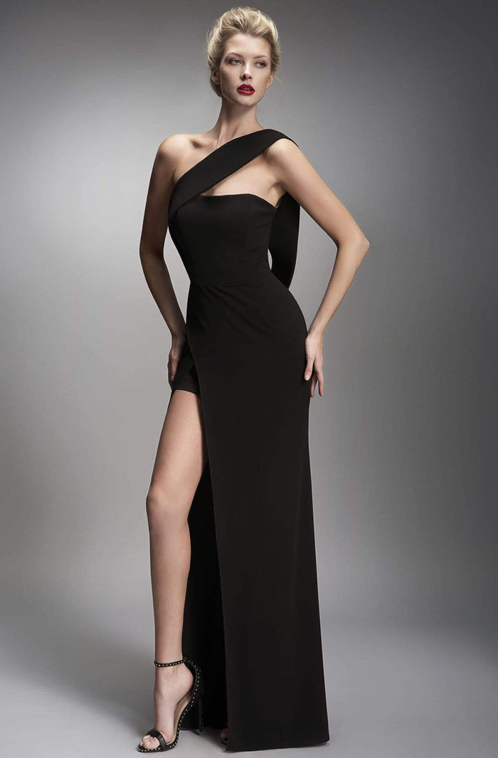 Nicole Bakti - 6865 One Shoulder Dress with Slit Evening Dresses 0 / Black
