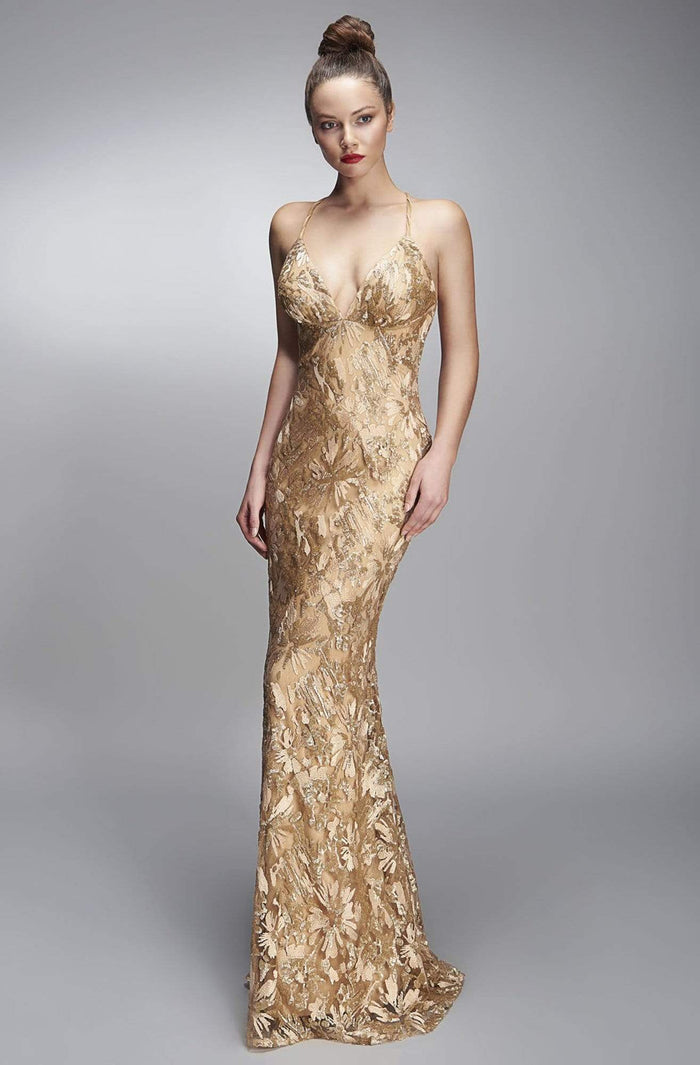 Nicole Bakti - 6886 Sequined Deep V-neck Sheath Dress Pageant Dresses 0 / Gold