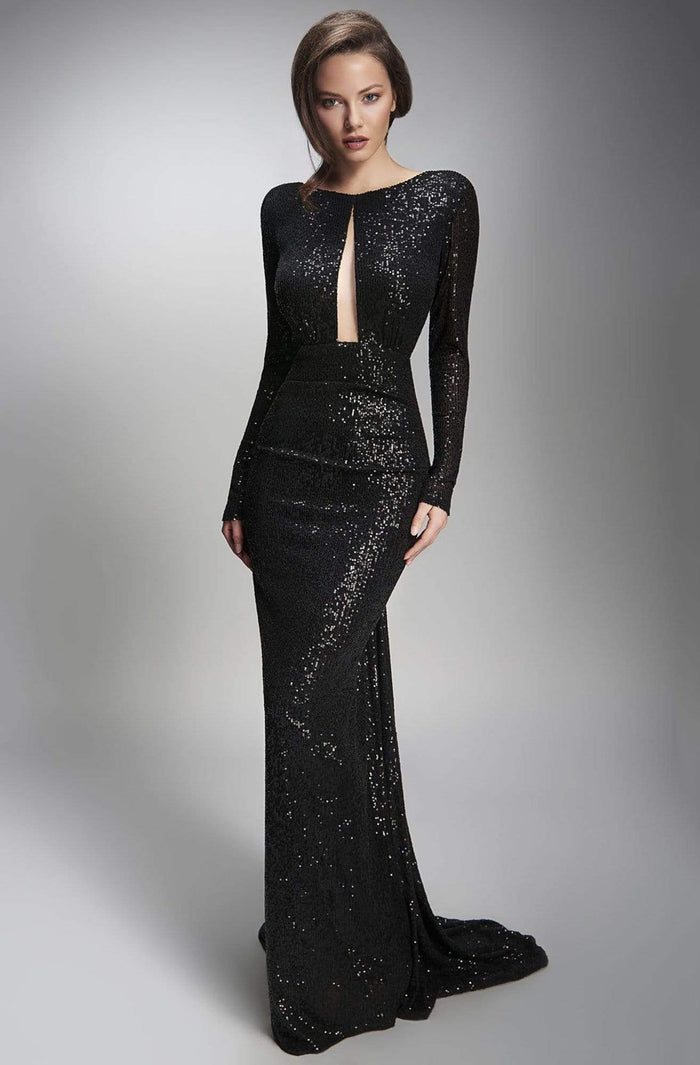 Nicole Bakti - 6904 Long Sleeve Front Keyhole Backless Sheath Dress Pageant Dresses 0 / Black