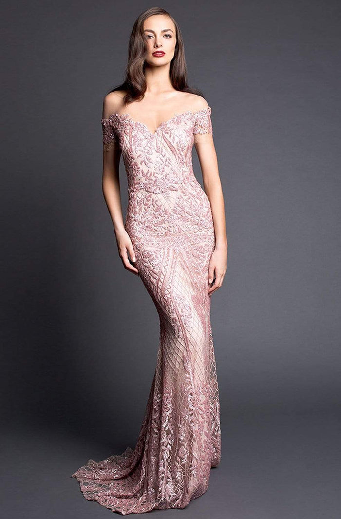 Nicole Bakti - 6933 Embroidered Off-Shoulder Sheath Dress Pageant Dresses 0 / Blush