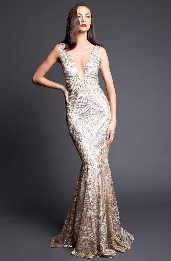 Nicole Bakti - 6935 Embellished Deep V-neck Trumpet Dress Evening Dresses 0 / White/Gold