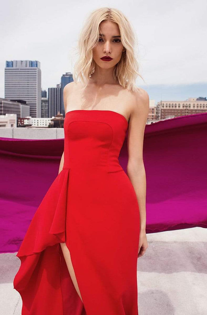 Nicole Bakti - 6942 Strapless Straight Neck Sheath Dress With Slit Prom Dresses 0 / Red