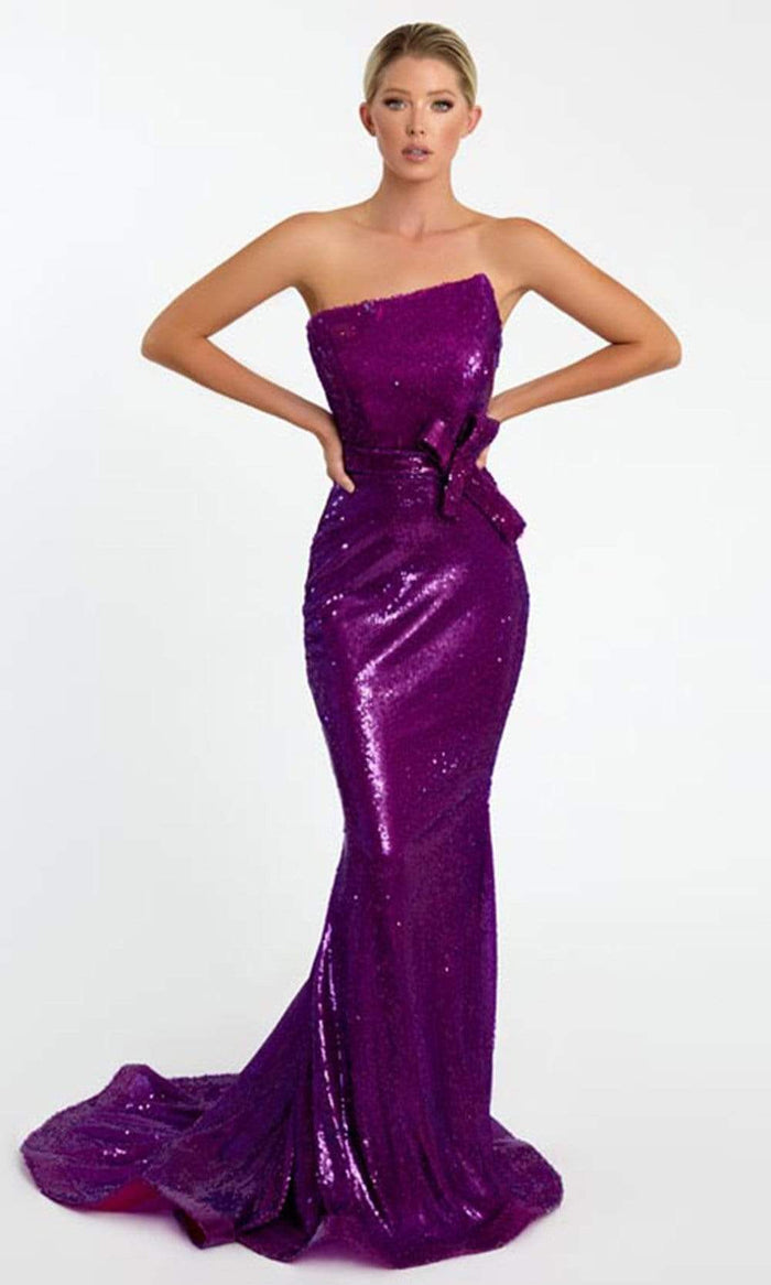 Nicole Bakti - 7047 Asymmetrical Bow Accented Sequin Dress Evening Dresses 0 / Magenta