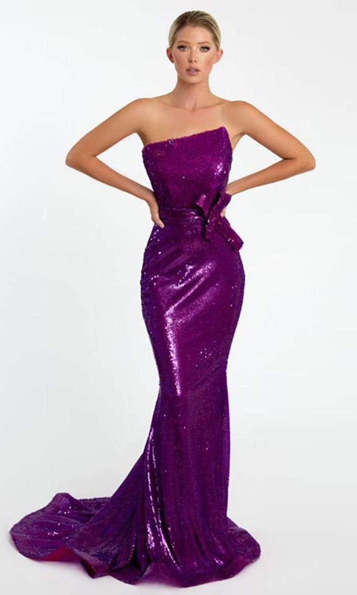 Nicole Bakti - 7047 Asymmetrical Bow Accented Sequin Dress Couture Candy Nicole Bakti - 7047 Asymmetrical Bow Accented Sequin Dress Couture Candy