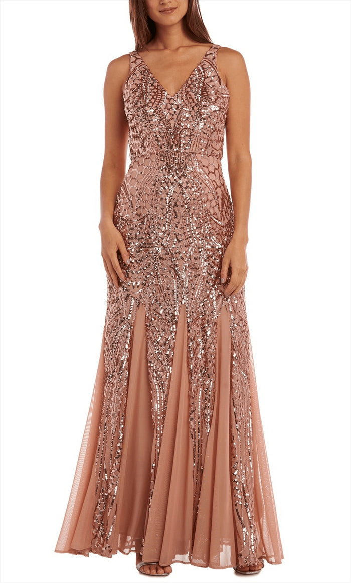 Nightway 21685 - V-Neck Sequin Godets Evening Gown Special Occasion Dress 0 / Rose Gold