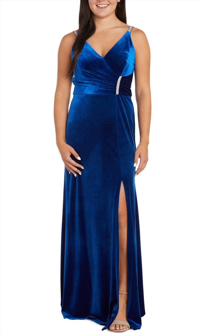 Nightway 22093 - Rhinestone Accent V-Neck Evening Gown Special Occasion Dress 0 / Royal