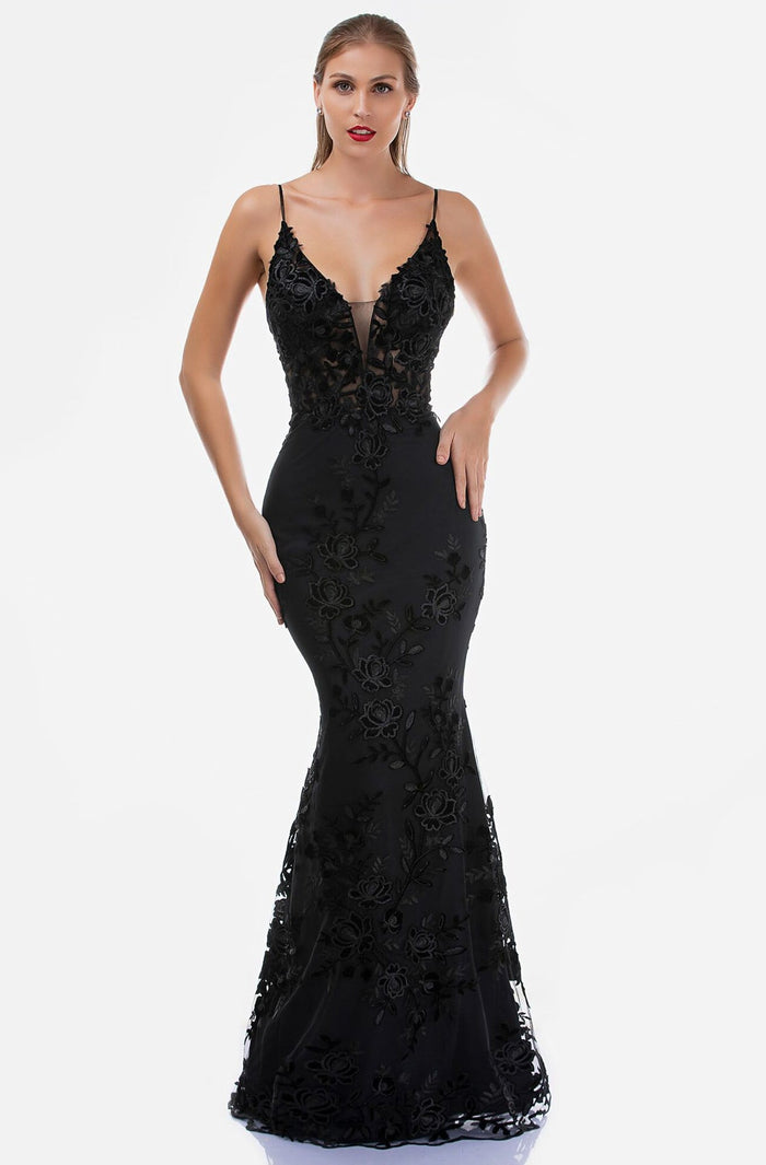 Nina Canacci - 2240 V-Neck Embroidered Long Dress Evening Dresses 0 / Black