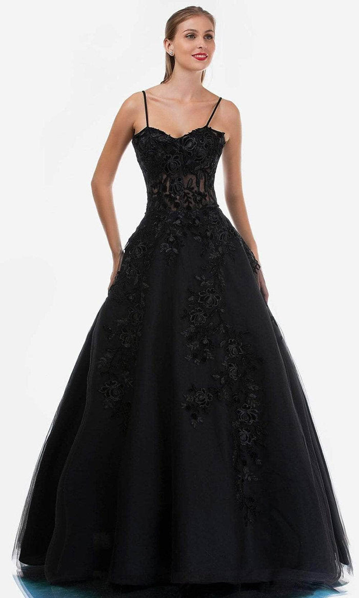 Nina Canacci - 2245 Floral Embroidered Long Ballgown Prom Dresses 0 / Black