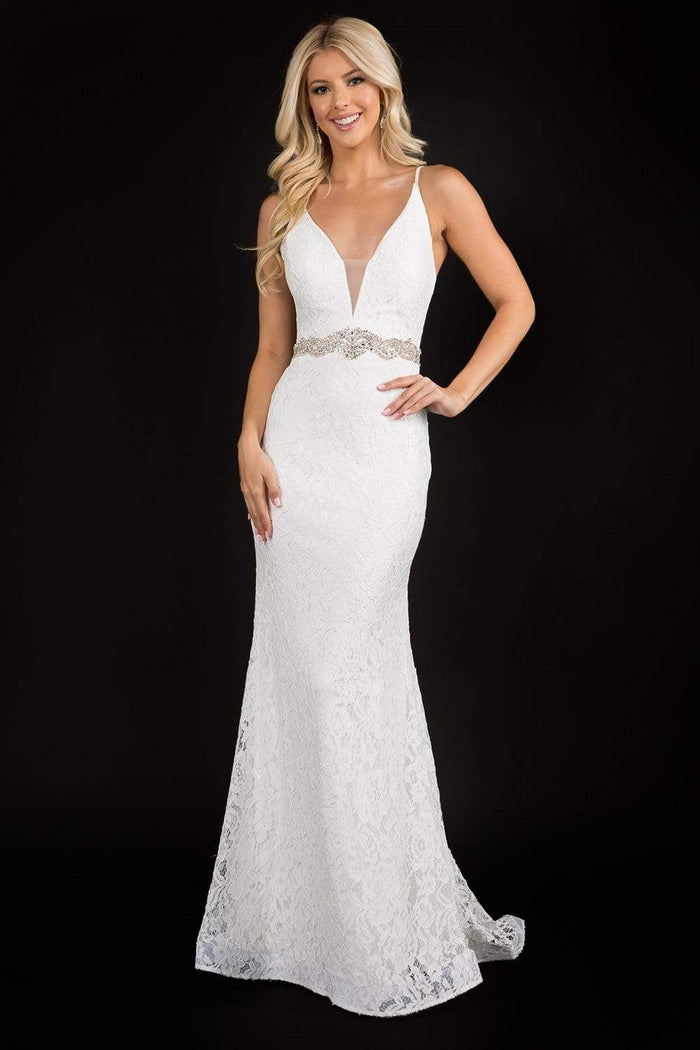 Nina Canacci - 2299 Plunging V Neck Lace Dress Wedding Dresses 0 / Ivory