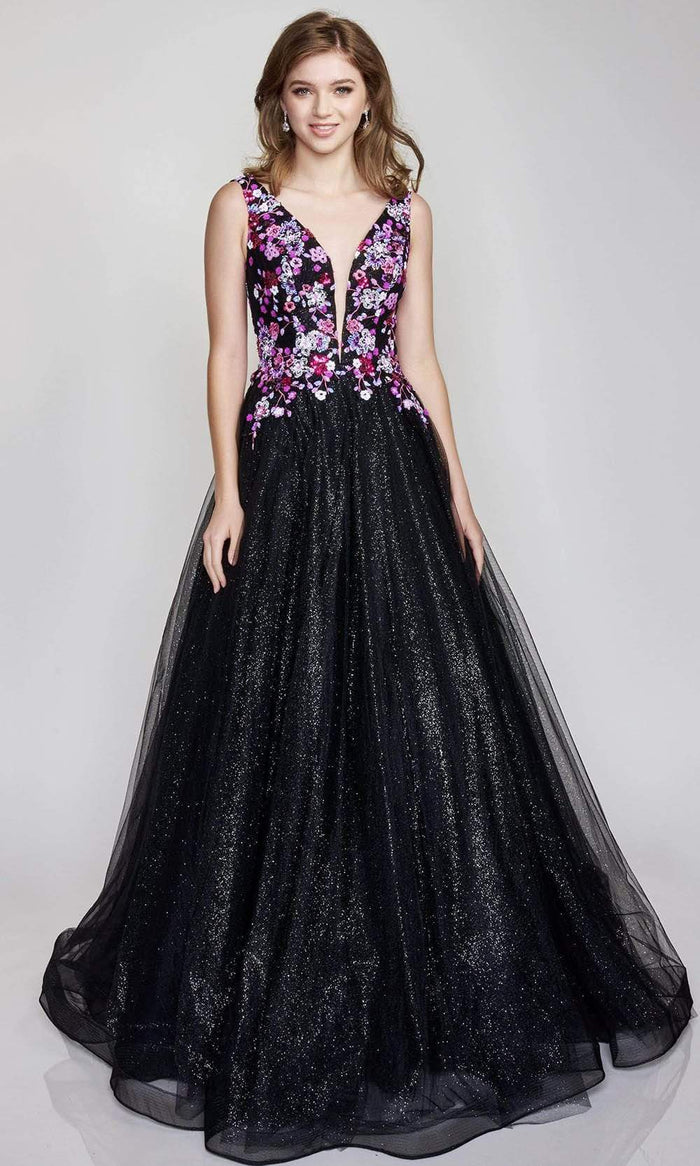 Nina Canacci - 3184 V Neck Floral Glittered Gown Prom Dresses 2 / Black/Multi