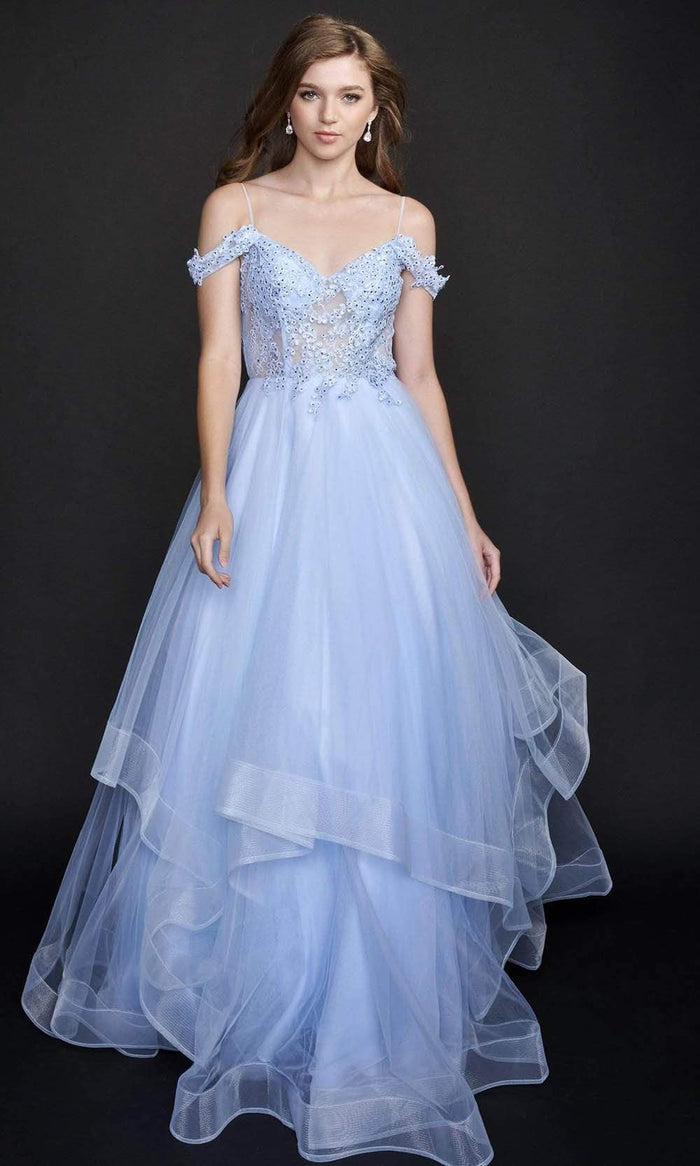 Nina Canacci - 5205 Beaded Applique Tiered Gown Special Occasion Dress 4 / Baby Blue