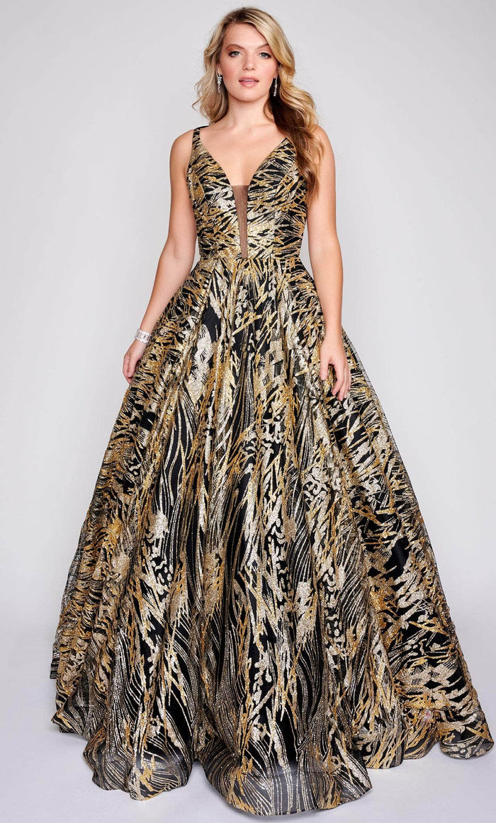Nina Canacci 8209 - Crisscross Back Ballgown Special Occasion Dress 0 / Black/Gold