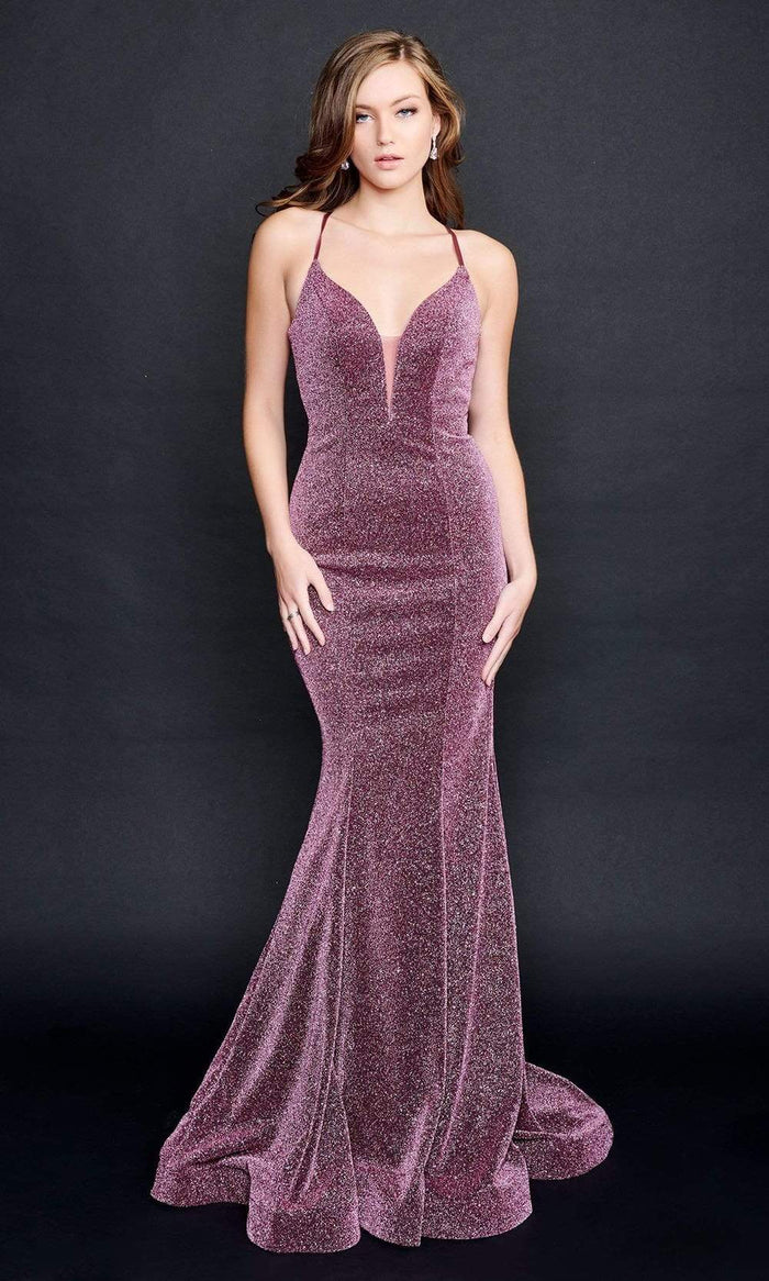 Nina Canacci - 9136 Glittering V-Neck Mermaid Gown Prom Dresses 0 / Purple