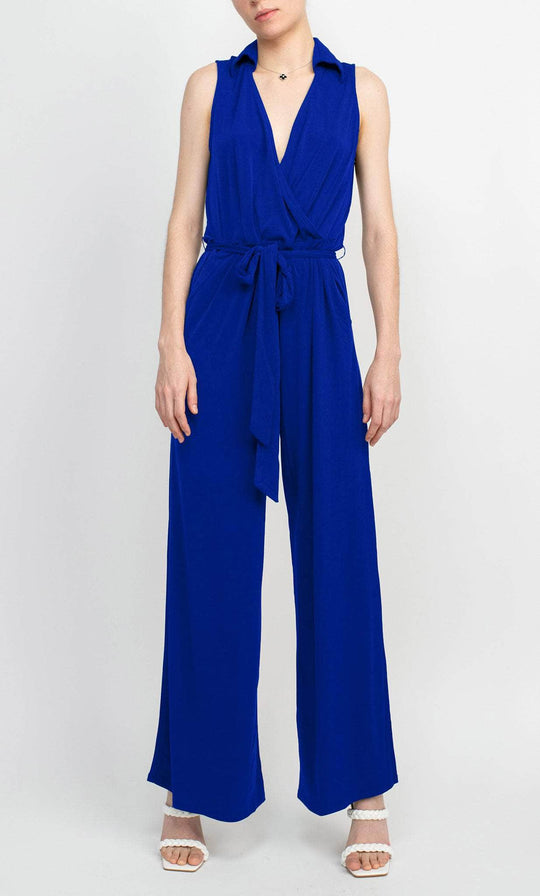 Nina Leonard L11770 - Collared V-neck Jumpsuit Formal Pantsuits L / Cobalt
