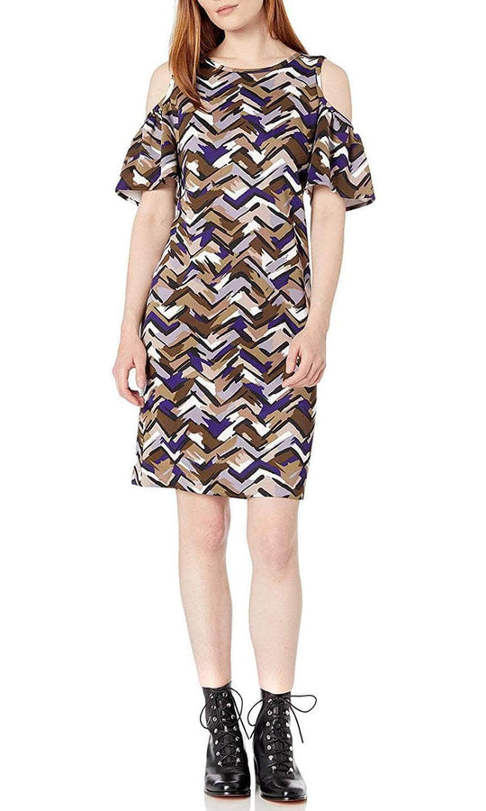 Nine West 10654198 - Chevron Print Cold Shoulder Cocktail Dress Cocktail Dresses 4 / Olive Ivory Multi