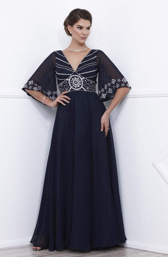 Nox Anabel 5147 Sheer Sleeve Beaded V-Neck Long Dress CCSALE