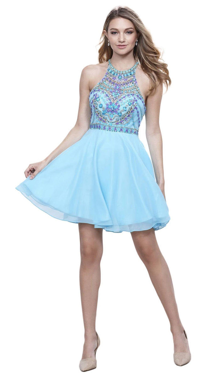 Nox Anabel - 6238 High Illusion Racerback Bejeweled Cocktail Dress Special Occasion Dress XS / Aqua