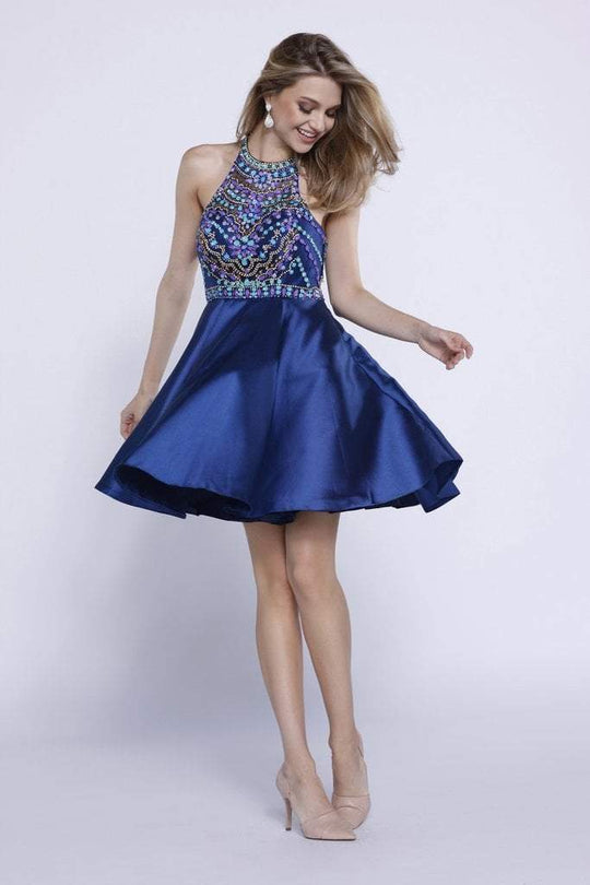 Nox Anabel 6251 Bejeweled High Halter Satin Dress in Navy CCSALE M / Navy